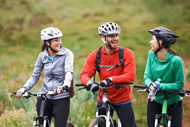 Three cyclists enjoying and interacting with each other